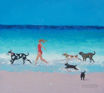 girl and dogs running on beach Child impressionism Oil Paintings